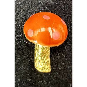 Miniature Mushroom Brooch/Pin Dark Orange Pink Dots Gold Tone